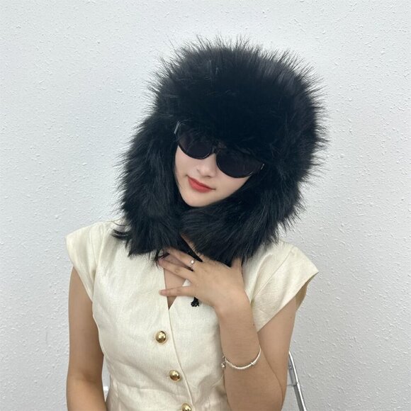 Unisex Black Faux Fur Russian Hat, Soft, Warm Winter Trapper Hat with Earmuffs main image 7